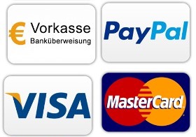 Zahlungsarten: Vorkasse, PayPal, Kreditkarte (Visa, Mastercard)